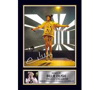 Billie Eilish Portrait Printed Signed Poster Print - Live Stage Performance Artwork - Autograph Style Singer Wall Art - Music Memorabilia Collectible, A4 Poster + Silver Frame