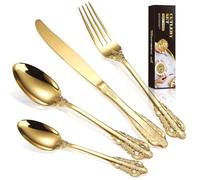 BILLION DUO Royal Golden Cutlery Set, 24 Piece Silverware Set Flatware Set for 6 People, Palace Style Mirror Polished Dishwasher Safe Knife Fork Spoon Cutlery for Home Banquet Catering