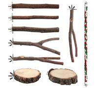 BILLIOTEAM 9PCS Apple Wood Bird Perches, Natural Parrot Stand & Chewing Toy with Multi-Branch, Straight Perch Stand, Platform & Climbing Rope, Cage Accessories for Parakeets, Cockatiels, Budgies