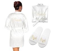 Billowvolve Christmas V Neck Women's Bridesmaids Robes Christmas Kimono Bride Dressing Gown Bathrobe Satin Sleepwear Bath Robe Bridal Short with Slippers for Wedding Pyjama Party