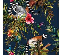 Billtix Holden Decor Lemur Rainforest Wallpaper, Midnight Blue Jungle Animal And Tropical Bird Feature Wall Paper For Living Room