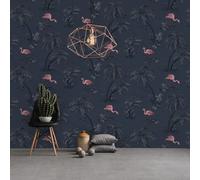 Billtix Midnight Blue Tropical Animals Metallic Wallpaper Navy Flamingo Palm Tree Glitter Feature Wall Designer Paper Roll Uk Home