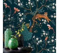 Billtix Navy Teal Tropical Tiger Peacock Birds Floral Wallpaper Exotic Botanical Feature Wall Washable Strippable Roll Uk