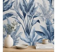 Billtix Rasch Akari Madagascar Blue Tropical Wallpaper, Banana Palm Leaf Botanical Feature Wall For Living Room And Bedroom.