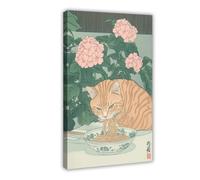 BILQAHT Ginger Tabby Cat Eating Noodles, Japanese Dining Room Decor Canvas Poster Bedroom Decor Landscape Office Room Decor Gift 16x24inch(40x60cm)