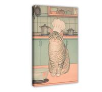BILQAHT Grey Tabby Cat in A Chef's Hat, Japanese Kitchen Art Canvas Poster Bedroom Decor Landscape Office Room Decor Gift 24x36inch(60x90cm)