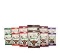 Biltong & Droewors Bites Taste Box. Biltong flavours, Original, Smoky BBQ, Piri Piri & Garlic. Droewors flavours, Original & Piri Piri. High Protein, Low Fat, Gluten & Nitrate Free. (12 x 30g)