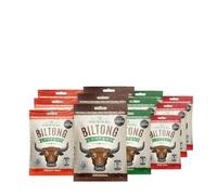 Biltong Taste Box, four flavours, Original, Smoky BBQ, Piri Piri & Garlic, Tasty High Protein, Low Fat, Gluten & Nitrate Free, Savoury Snack. (12 x 30g. All four flavours)
