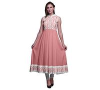 Bimba Dark Peach Orange Ikat Anarkali Dress Mandarin Collar Sleeveless Kurtis for Women Print Maxi Dress Large