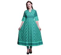 Bimba Green Dot & Floral Block Print Anarkali Flared Kurti Classic Blouse Ethnic Dress for Ladies XX-Large