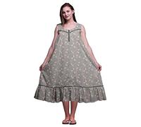 Bimba Grey Floral Leaves & Tulip Sleeveless Night Gown for Womens Cotton Printed Nightwear Ladies Sleepwear Medium