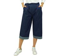Bimba Women's Loose Casual Denim Culotte Capri Pants with Back Elastic Waist Navy Blue - Large