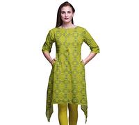 Bimba Yellow Moroccan Damask Printed Asymmetrical Kurti Tops for Women Indian Summer Dress Tunic Small