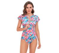 BIMEI One-Piece Mastectomy Swimsuit Zip Front Rash Guard Short Sleeve Pocketed for Women Sport Bathing Athletic Printed 016 (Blue, XL)