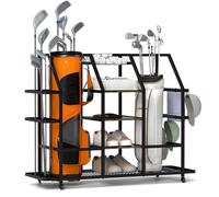 bimiti Golf Storage Rack Extra Large Golf Bags Storage Organizer Golf Club Bag Rack with Wooden Shelf and Lockable Wheels for Garage Indoor Basement