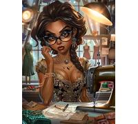 Bimkole 5D Diamond Arts Painting Kits Woman with Sewing Machine, Full Drill DIY Rhinestone Embroidery Set Paint with Diamonds Art Cartoons by Number Kits Cross Stitch Home Wall Craft Decor 12x16Inch