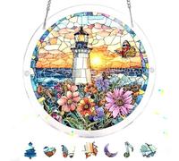 Bimkole 83 Pieces Acrylic Jigsaw Puzzle Suncatcher - Lighthouse & Sea, Stained Glass Window Hanging Pendant, Home Decor Creative Mom Gifts, Sun Catcher Decor for Garden Home Birthday Gifts 18 cm