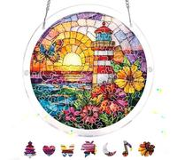 Bimkole 83 Pieces Acrylic Jigsaw Puzzle Suncatcher - Lighthouse Sunset, Stained Glass Window Hanging Pendant, Home Decor Creative Mom Gifts, Sun Catcher Decor for Garden Home Birthday Gifts 18 cm