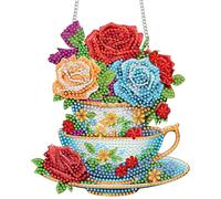 Bimkole Coffee Cup Diamond Art Hanging Kit for Adult, DIY 5D Diamond Painting Flower Window Pendant, Acrylic Crystal Art Hanging Ornament Home Wall Garden Front Door Sign Outdoor Decor 20x20 cm