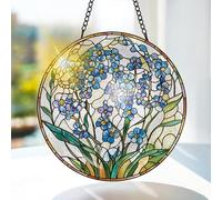 Bimkole Forget-Me-Not Stained Glass Suncatcher Window Hanging - Plants Indoor Window or Doorway Decoration - Handmade Sun Catcher Decor for Garden Home Christmas & Birthday Gifts 20x20 cm