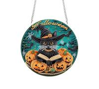Bimkole Halloween Cat Diamond Art Hanging Kit for Adult, DIY 5D Diamond Painting Pumpkins Window Pendant, Acrylic Crystal Art Ornament Home Wall Garden Front Door Sign Outdoor Decor 20x20 cm
