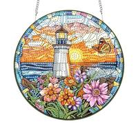 Bimkole Lighthouse Diamond Art Hanging Kit for Adult, DIY 5D Diamond Painting Flower Window Pendant, Acrylic Crystal Art Hanging Ornament Home Wall Garden Front Door Sign Outdoor Decor 20x20 cm