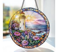 Bimkole Lighthouse Stained Glass Suncatcher Window Hanging - Flower Scenery Indoor Window or Doorway Decoration - Handmade Sun Catcher Decor for Garden Home Christmas & Birthday Gifts 7.87x7.87 inch