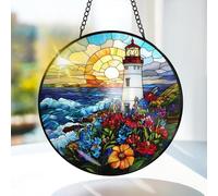 Bimkole Lighthouse Stained Glass Suncatcher Window Hanging - Landscapes Design for Indoor Window or Doorway Decoration - 7.87x7.87 inch/20x20 cm with Chain and Hook - Unique Home Decor Gift