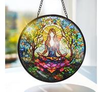 Bimkole Relaxing Woman Stained Glass Suncatcher Window Hanging - Yoga Design for Indoor Window or Doorway Decoration - 7.87x7.87 inch/20x20 cm with Chain and Hook - Unique Home Decor Gift