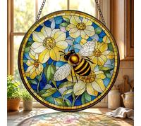 Bimkole Stained Glass Window Hanging Bee and Daisy- Indoor Window or Doorway Sun Catchers Home Decoration - Flower Suncatcher Decor for Birthday for Women, Men, Wife, Lovers, and Mom 20 x 20 cm
