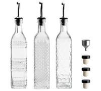 BIMUYI Glass Olive Oil Bottle Dispenser Set, 500ml Vinegar Dispenser Bottles, Kitchen Olive Oil Decanter Containers with Stainless Steel Funnel, 3 Spouts, 3 Plugs, Pack of 3