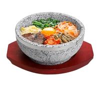 BIMUYI Korean Stone Bowl, Soup Bowl with Wood Tray, Granite Dolsot Bibimbap Pot