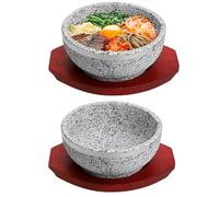 BIMUYI Korean Stone Bowls, Soup Bowls with Wood Trays, Granite Dolsot Bibimbap Pots, Pack of 2