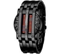 Binary Matrix Blue LED Digital Watch Mens Classic Creative Fashion Black Plated Wrist Watches, Black Red, Digital