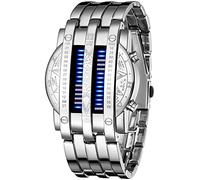 Binary Matrix Blue LED Digital Watch Mens Classic Creative Fashion Black Plated Wrist Watches, Silver Blue, Digital