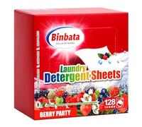 Binbata Laundry Detergent Sheets, Up to 128 Loads, Berry Scent, Hypoallergenic, Eco-Friendly, Biodegradable, Plastic Free, Liquid Free, Suitable for Sensitive Skin