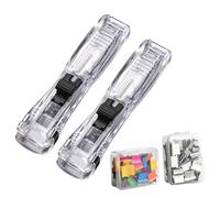 Binder Clamp Stapler - 11.5x2.3cm 2 Pieces Ergonomic Stationery Paper Clip Dispenser Push Stapler, Portable Handheld Binder Staplers with 100 Reusable Clips for Teachers Student