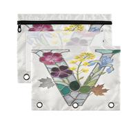 Binder Pen Holder with Clear Window Glass Flower Letter V 3 Ringing Binder folders in Assorted Colors 3 Ringing Pocket for Storing School Office Supplies 2 PCS