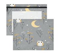 Binder Pencil Pouches Clear 3 Hole Punch for 3 Ringing Binder 2 Pack Students Office Grassland Owl Moon Gray