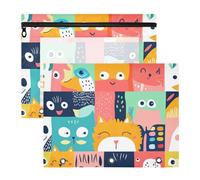 Binder Pencil Pouches Portable 3 Hole Punch for 3 Rings Binder 2 Pack Students Home Cartoon Funny Animals Colorful Plaid