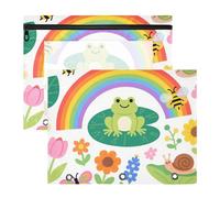 Binder Pencil Pouches Portable Pen Holder Case for A4 Paper Letter 2 Pack Students Office Childish Illustration Frog Butterfly Rainbow Flower Bee Colorful
