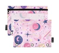 Binder Pencil Pouches with Clear Window Peach and Black Star Planet Rings folders with Pockets Big Capacity 3 Hole Punched folders for Office Supplies Multicolored 2 PCS