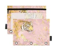 Binder Pencil Pouches with Clear Window Rose Golden Tigers Zippered Pencil Bag Big Capacity Pencil case 3 Rings for Classroom School Office Supplies Multicolored 2 PCS