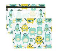 Binder Pencil poucheses Clear Window 3 Hole Punch for A4 Paper Letter 2 Pack Teacher Back to School Cute Little Monsters Green Yellow