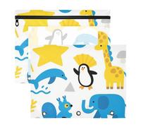 Binder Pencil poucheses with Smooth Zippers Storage Bag for A4 Paper Letter 2 Pack Students Office Vector Animal Giraffe Elephant Blue Yellow