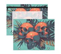 Binder Pencil poucheses with Zipper 3 Hole Punch for A4 Paper Letter 2 Pack Teacher Back to School Cool Human Skulls Green Monstera Deliciosa Leaves