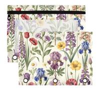 Binder Pouches, 3 Ring Binder Pencil Pouch, 2 Pack Waterproof Clear Window Storage Pouch, Back to School Stationery Organizer Vintage Botanical Wildflower Garden