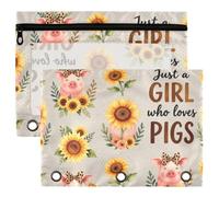 Binder Pouches, 3 Ring Binder Pencil Pouch, 2 Pack Waterproof Clear Window Storage Pouch, Back to School Stationery Organizer Just A Girl Who Loves Pigs Sunflower Cute Pig Lover