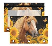 Binder Pouches, 3 Ring Binder Pencil Pouch, 2 Pack Waterproof Clear Window Storage Pouch, Back to School Stationery Organizer Just A Girl Who Loves Horses Co. Sunflower Horse Portrait Cowgirl Equestri
