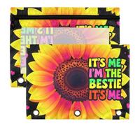 Binder Pouches, 3 Ring Binder Pencil Pouch, 2 Pack Waterproof Clear Window Storage Pouch, Back to School Stationery Organizer It's Me Hi I'm The Bestie It’s Me Groovy Sunflower Tie Dye